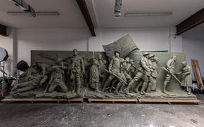 Part of “A Soldier’s Journey” is displayed at Sabin Howard’s studio in Englewood, N.J. The final sculpture is frozen in bronze. MUST CREDIT: Jeenah Moon for The Washington Post