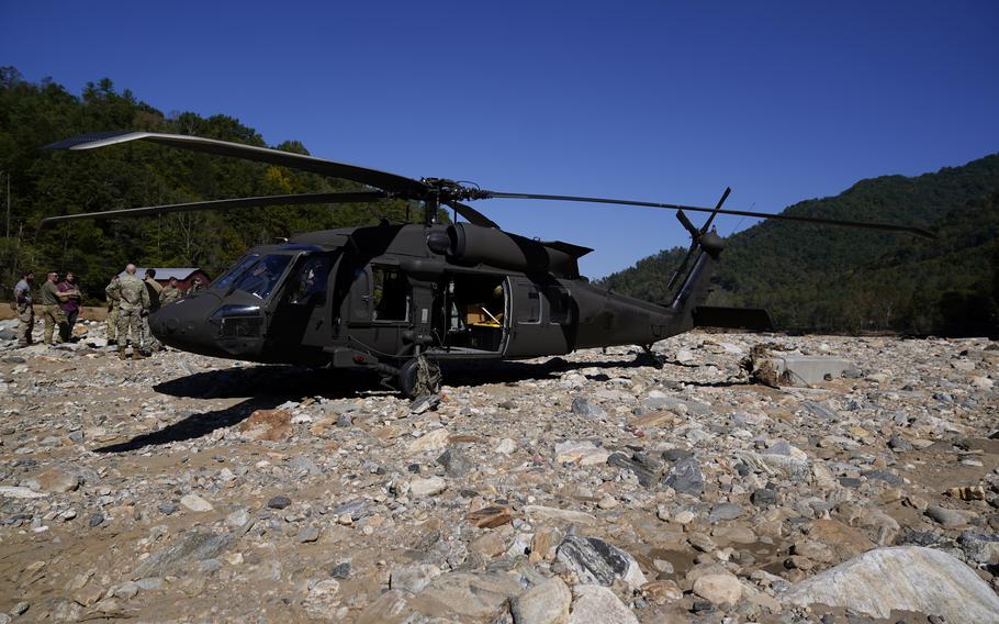 A Black Hawk helicopter on the ground in North Carolina for a supply delivery.