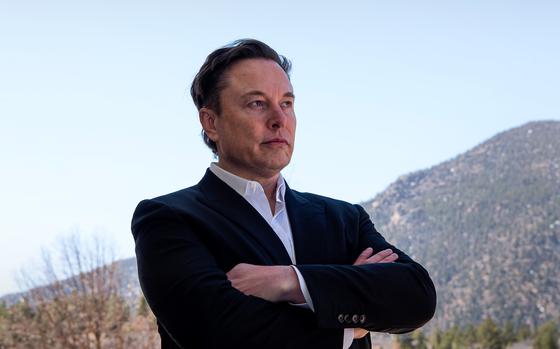 Elon Musk arrives at Arnold Hall for the Ira C. Eaker Distinguished Speaker Presentation on April 7, 2022, at the U.S. Air Force Academy in Colorado Springs, Colo.