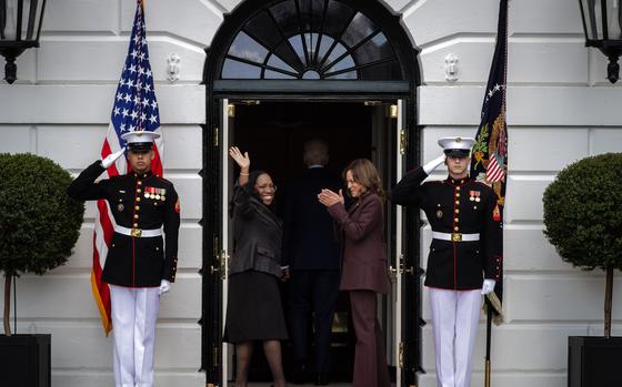 Ketanji Brown Jackson and Vice President Kamala Harris follow President Joe Biden into the White House after his remarks on April 8, 2022, on the Senate’s confirmation of Jackson to the Supreme Court. MUST CREDIT: Bill O'Leary/The Washington Post