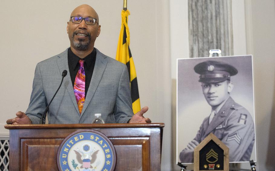 Steve Woodson speaks during a ceremony to posthumously award the Distinguished Service Cross to his father, U.S. Army Staff Sgt. Waverly Woodson Jr., in Washington on Sept. 24, 2024.