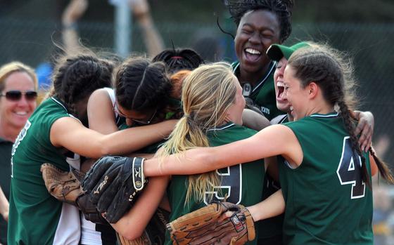 Ramstein, Germany, May 28, 2011: The Naples Lady Wildcats celebrate their Division II title after defeating AFNORTH 11-3 at the DODDS-Europe softball tournament.

Did you know Stars and Stripes' reporters and photographers cover DODDS sports? Check out our coverage here.
https://www.stripes.com/sports/

META TAGS: DODDS; DODEA; prep sports; high school sports; 