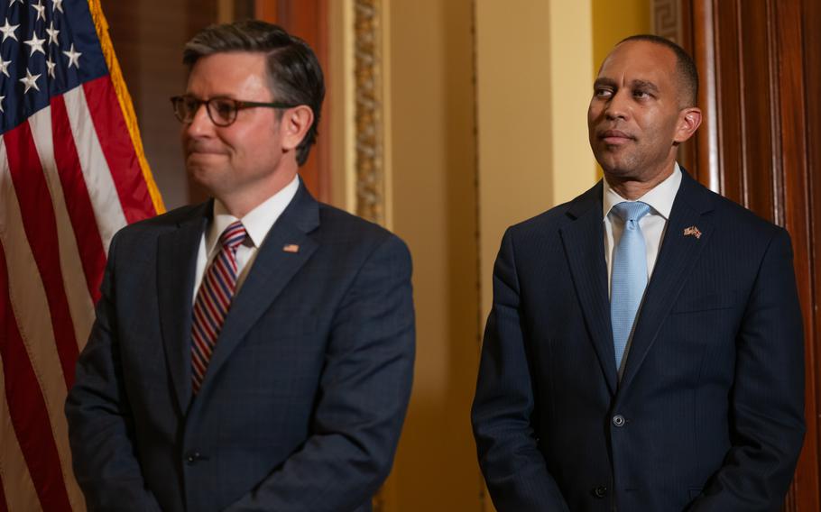 A photo of House Speaker Mike Johnson (R-La.) and House Minority Leader Hakeem Jeffries (D-N.Y.).