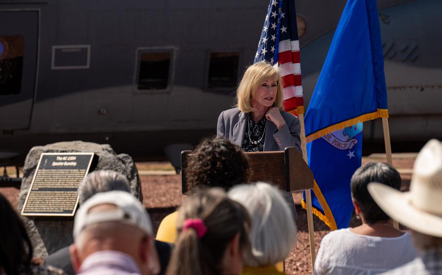 Ladona Clayton, executive director of the Ogallala Land and Water Conservancy, thanks Cannon Air Force Base leadership and community partners on May 15, 2024, for their help in addressing water security in eastern New Mexico. The Defense Department announced plans to prevent private development around military installations in New Mexico, Utah, Hawaii, Pennsylvania and California.