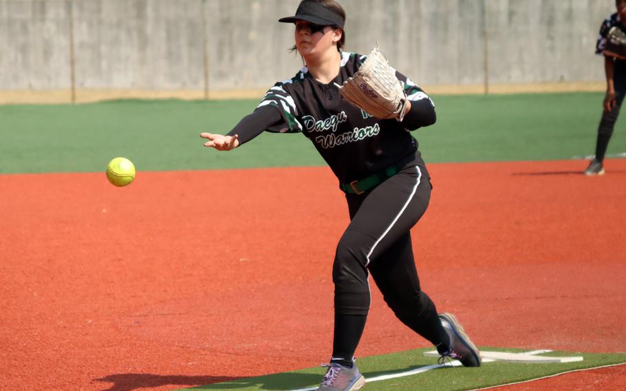 Leanne Douke hurls the ball home.