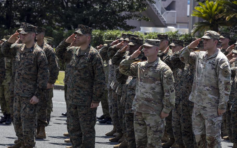 U.S. soldiers and Marines participate in an opening ceremony for the Resolute Dragon exercise alongside their Japanese counterparts at Camp Kengun, Japan, July 28, 2024. 