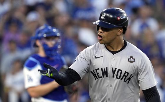 FILE - New York Yankees' Juan Soto celebrates after hitting a home run against the Los Angeles Dodgers during the third inning in Game 2 of the baseball World Series, Saturday, Oct. 26, 2024, in Los Angeles. (AP Photo/Godofredo A. Vásquez, File)