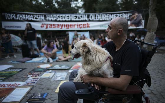 Animal rights activists stage a days-long protest in a public garden in Ankara, Turkey, late Tuesday, July 23, 2024. A Turkish parliamentary commission has approved late Tuesday a bill aimed at regulating the country's large stray dog population, a move that has raised concerns among animal rights advocates who fear many of the dogs would be killed or end up in neglected and overcrowded shelters. The banner reads: " You cannot collect, imprison and kill! #withdraw the legislation." (AP Photo/Burhan Ozbilici)
