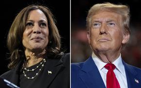 Side-by-side portraits of Kamala Harris and Donald Trump.