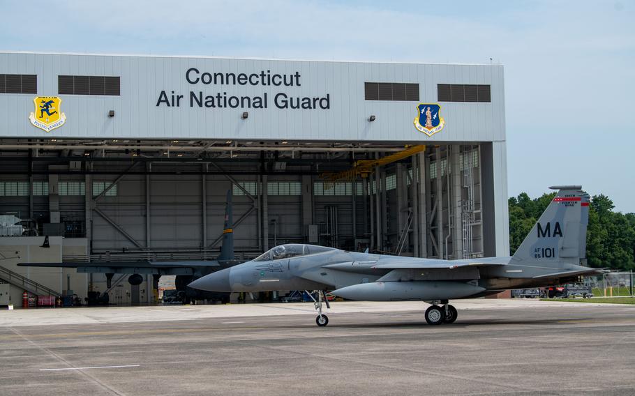 Col. Michael ‘Shot’ Glass, 104th Fighter Wing Operations Group Commander, flew F-15C aircraft 85-101 from Barnes Air National Guard Base in Westfield, Mass., to Bradley Air National Guard Base in East Granby, Conn., on July 22, 2024, its final flight before being retired and donated to the New England Air Museum.