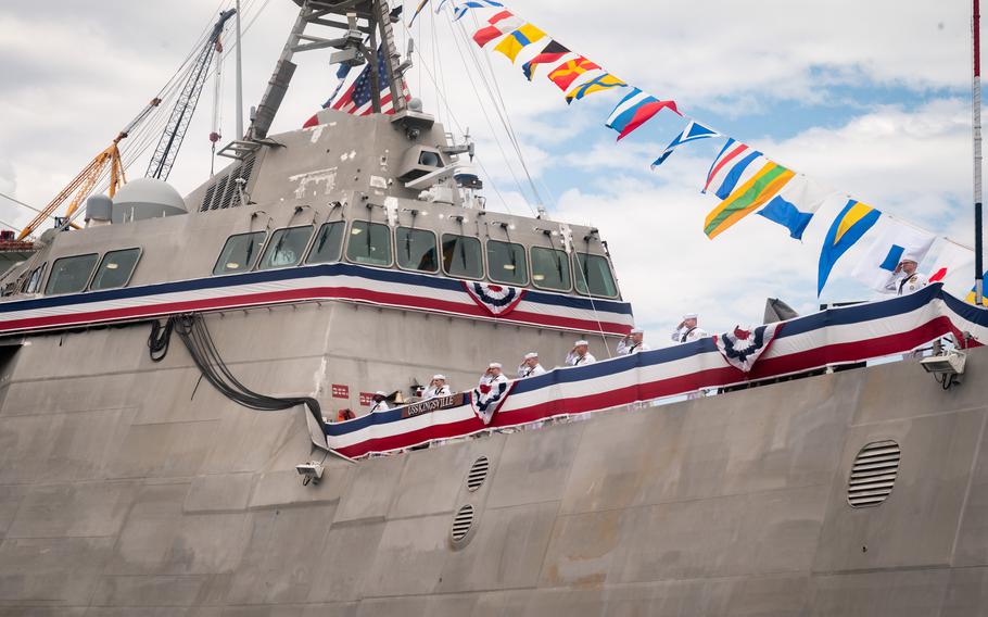 The crew of the Navy's newest littoral combat ship, USS Kingsville (LCS 25), brings the ship to life during its commissioning ceremony, Saturday, August 24, 2024, in Corpus Christi, Texas. 