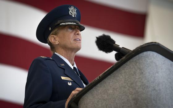 U.S. Air Force Col. Allison Black delivers a speech.