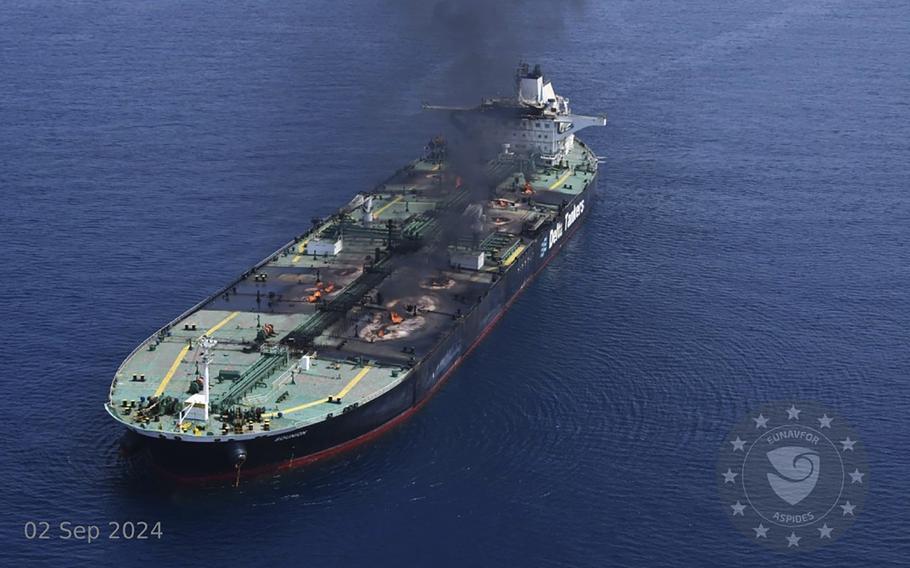 The Greek-flagged oil tanker Sounion burns in the Red Sea on Sept. 2, 2024, following a series of attacks by Yemen’s Houthi rebels.