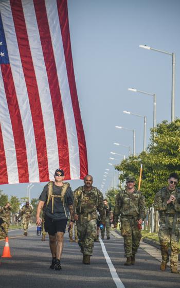 Soldiers march in remembrance of the 9/11 attack victims at Camp Humphreys, South Korea, Wednesday, Sept. 11, 2024.