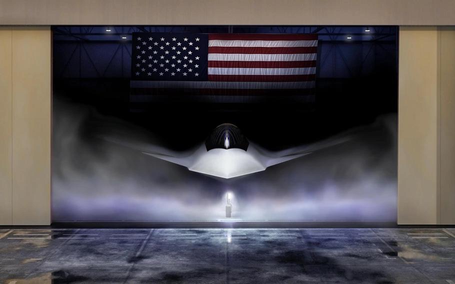 Artist rendering shows an aircraft from the front with an American flag above it and mist below it. 