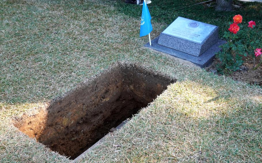 The U.N. Command prepares to bury an unknown Korean War service member during a Veterans Day ceremony at the U.N. cemetery in Busan, South Korea, Nov. 11, 2024.