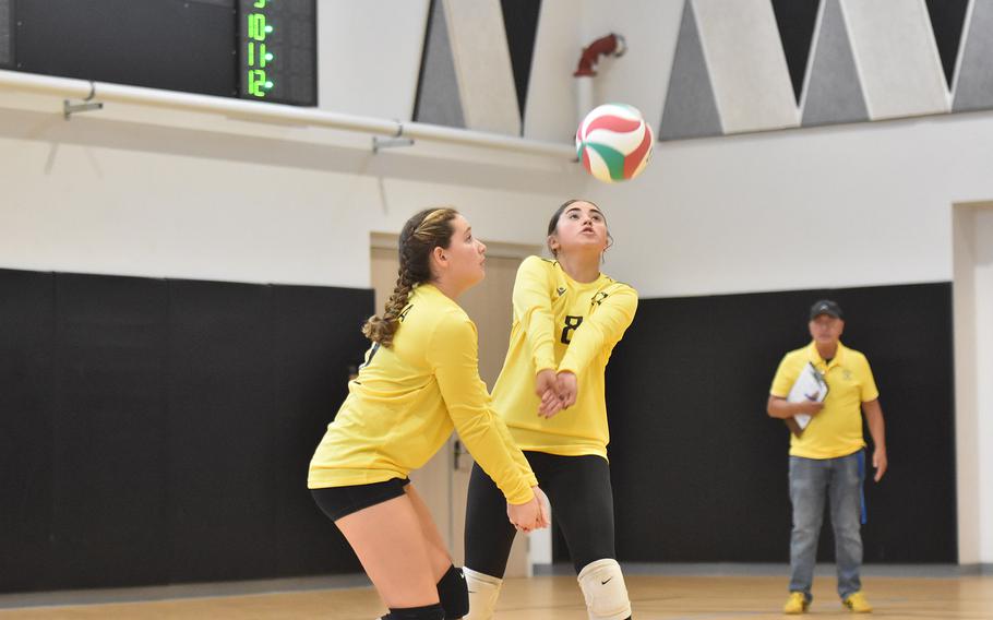 Vicenza's Natalia Lopez sends the ball to the front row to start a Vicenza attack Friday, Sept. 13, 2024, in the Cougars' victory over Sigonella.