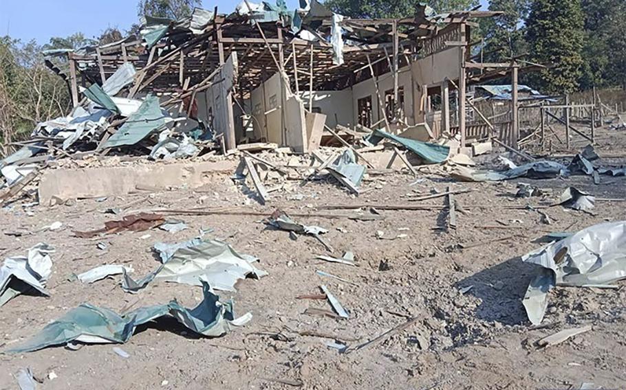 The remains and debris of a clinic that was mostly destroyed in the aftermath of an airstrike in Myanmar’s Karen state, Jan. 7, 2023.