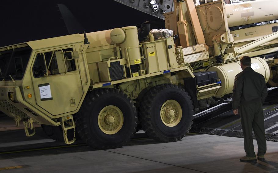 A Terminal High Altitude Area Defense is unloaded at Osan Air Base in South Korea.