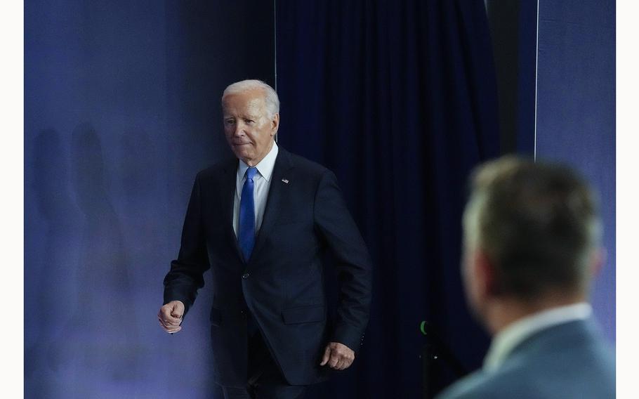 U.S. President Joe Biden walks out to hold a news conference at the 2024 NATO Summit on Thursday, July 11, 2024, in Washington, D.C. 