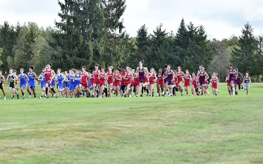 Runners from Baumholder, Brussels, Kaiserslautern and SHAPE sprint off the line during an Oct. 14, 2023, race on Rolling Hills Golf Course in Baumholder, Germany.