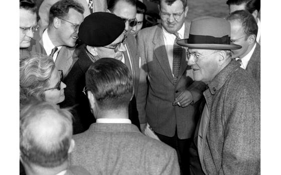 Frankfurt, Germany, October 15, 1948: John Foster Dulles, right, U.S. delegate to the United Nations, talks to reporters on his arrival at the Rhein-Main airport. Dulles, who would later serve as secretary of state in the Eisenhower administration, said the Soviet blockade of Berlin was one of the major issues facing the U.N.

Looking for Stars and Stripes’ historic coverage? Subscribe to Stars and Stripes’ historic newspaper archive! We have digitized our 1948-1999 European and Pacific editions, as well as several of our WWII editions and made them available online through https://starsandstripes.newspaperarchive.com/

META TAGS: UN; diplomacy; Cold War; Berlin blockade; 