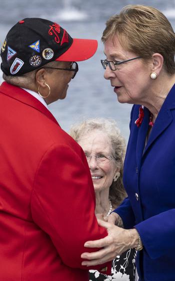 Rep. Marcy Kaptur, D-Ohio, thanks Yvonne McGee after receiving the 4th annual Brig. Gen. Charles McGee UNITY award at the 20th anniversary celebration of the National World War II Memorial in Washington, May 25, 2024. The award honors Yvonne McGee’s father, a Tuskegee Airman who went on to fly in three wars.