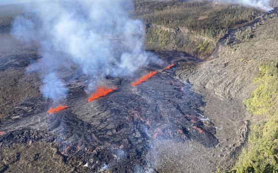 This photo provided by the U.S. Geological Survey, captured during a Hawaiian Volcano Observatory helicopter flyover Tuesday, Sept. 17, 2024, shows the eruption in Kilauea's middle East Rift Zone in Hawaii Volcanoes National Park, Hawaii. (A. Ellis/U.S. Geological Survey via AP)