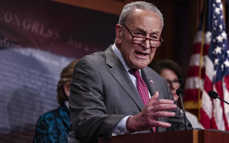 Senate Majority Leader Charles E. Schumer (D-N.Y.) speaks during a press conference on May 23, 2024.