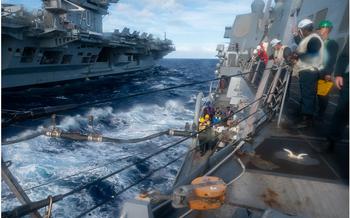 The USS Carl Vinson conducts a refueling at sea with the USS Sterett during RIMPAC exercises in Hawaii on July 21, 2024.