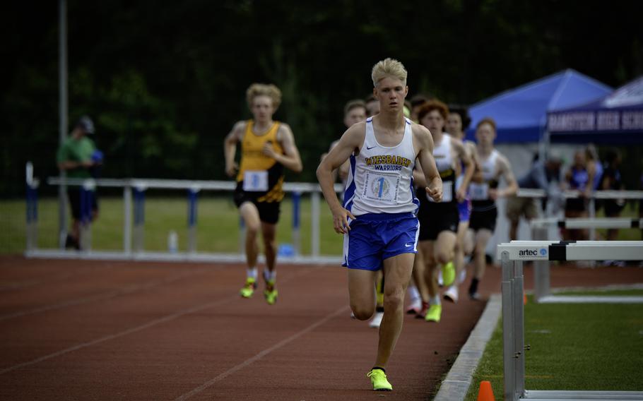 Wiesbaden’s Luke Jones leads the pack during the boys 1,600 meter varsity run at the 2024 DODEA European Championships at Kaiserslautern High School in Kaiserslautern, Germany, on May 24, 2024, finishing with a time of 4:26.44.