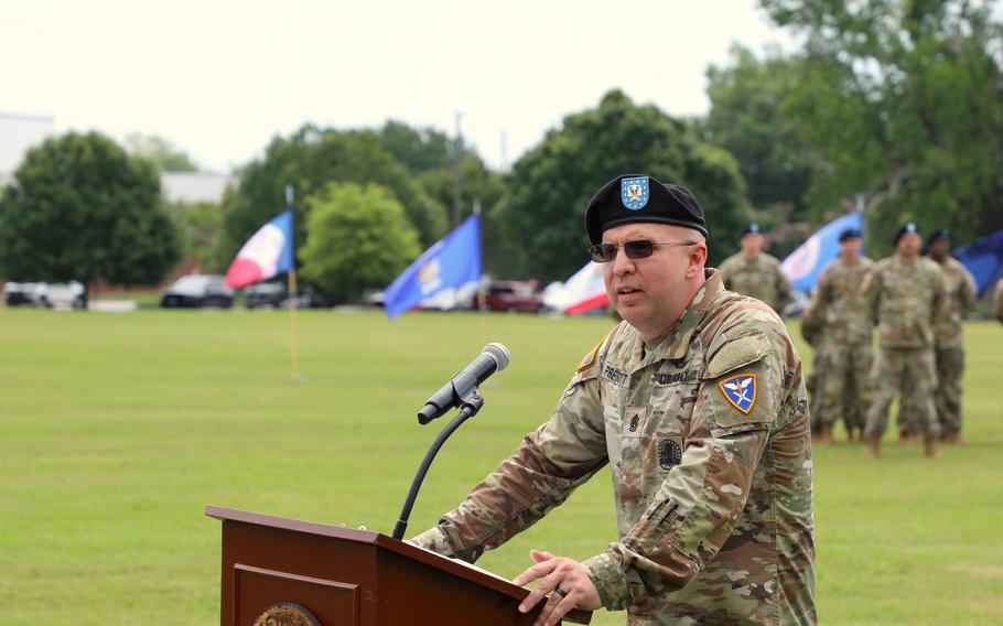 Army Command Sgt. Maj. Joshua Prescott of the 1st Battalion, 223d Aviation Regiment gives remarks after formally assuming responsibility at Fort Novosel, Ala., on May 23, 2024.