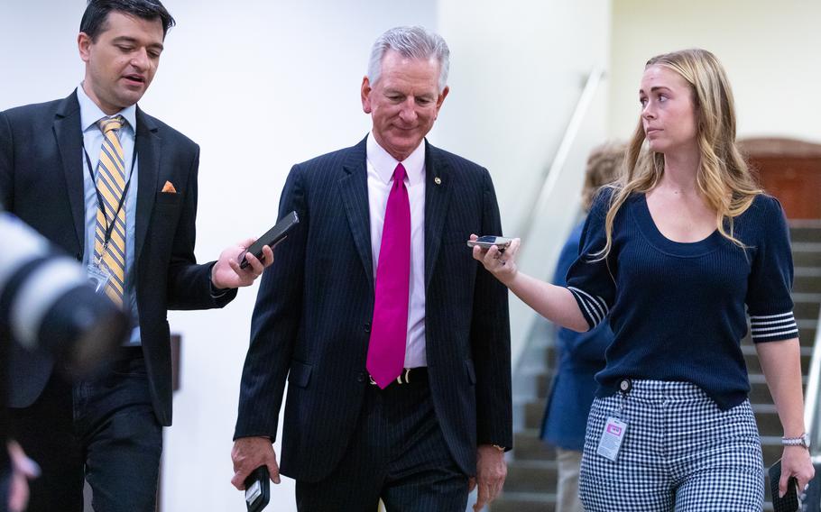 Sen. Tommy Tuberville (R-Ala.) speaks to reporters in the Capitol building on Sept. 21, 2023, in Washington.