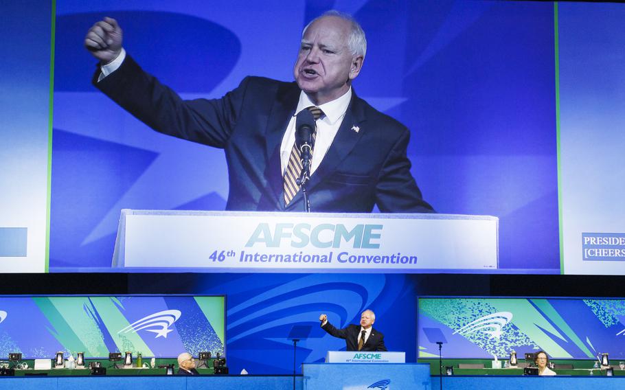 Tim Walz speaks to public service workers at the American Federation of State, County and Municipal Employees convention in Los Angeles on Aug. 13, 2024.