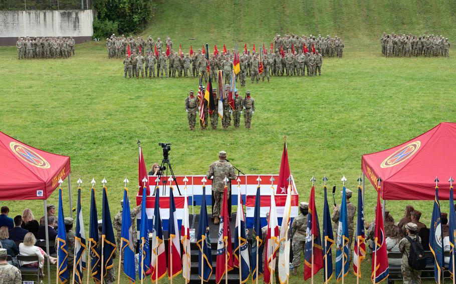 Brig. Gen. Maurice Barnett makes a farewell speech to members of the 10th Army Air and Missile Defense Command on June 20, 2024, after relinquishing command during a ceremony at Sembach Kaserne.
