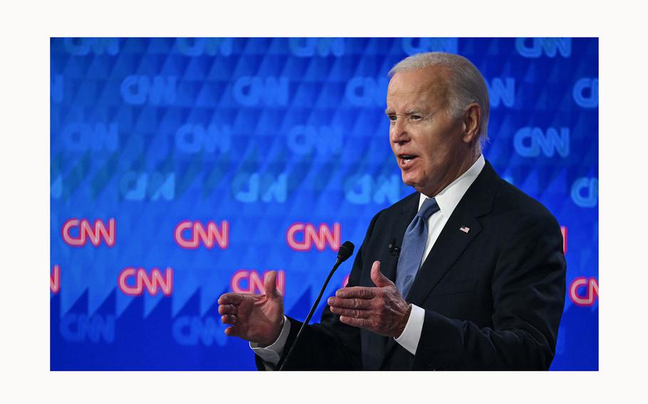 President Joe Biden speaks as he participates in the first presidential debate of the 2024 elections with former US President and Republican presidential candidate Donald Trump at CNN’s studios in Atlanta, on June 27, 2024. 