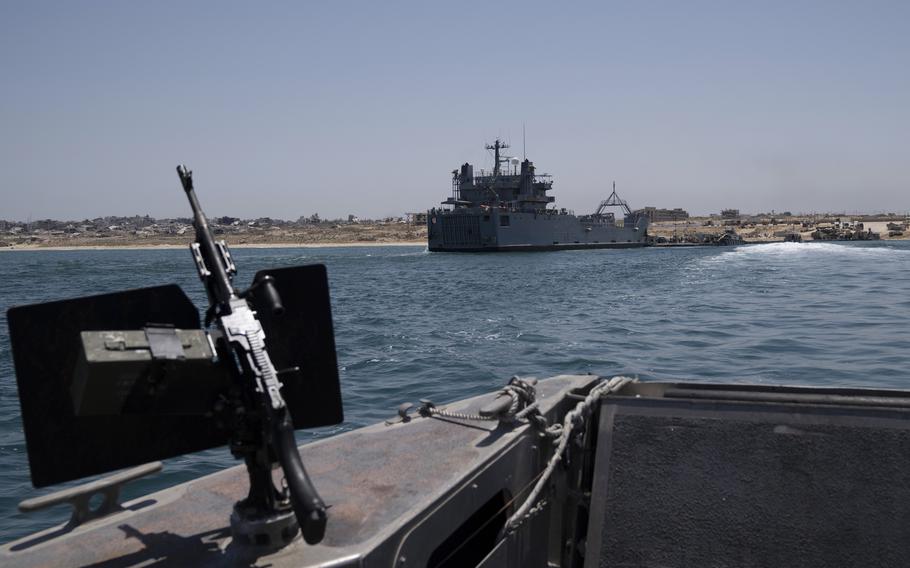 A U.S. Army vessel is moored at the U.S.-built floating pier Trident off the coast of the Gaza Strip on June 25, 2024.