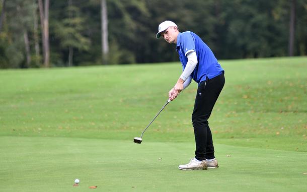 Ramstein's Grayden Taylor putts on the No. 13 green during the final round of the DODEA European golf championships on Oct. 10, 2024, at Woodlawn Golf Course on Ramstein Air Base, Germany.