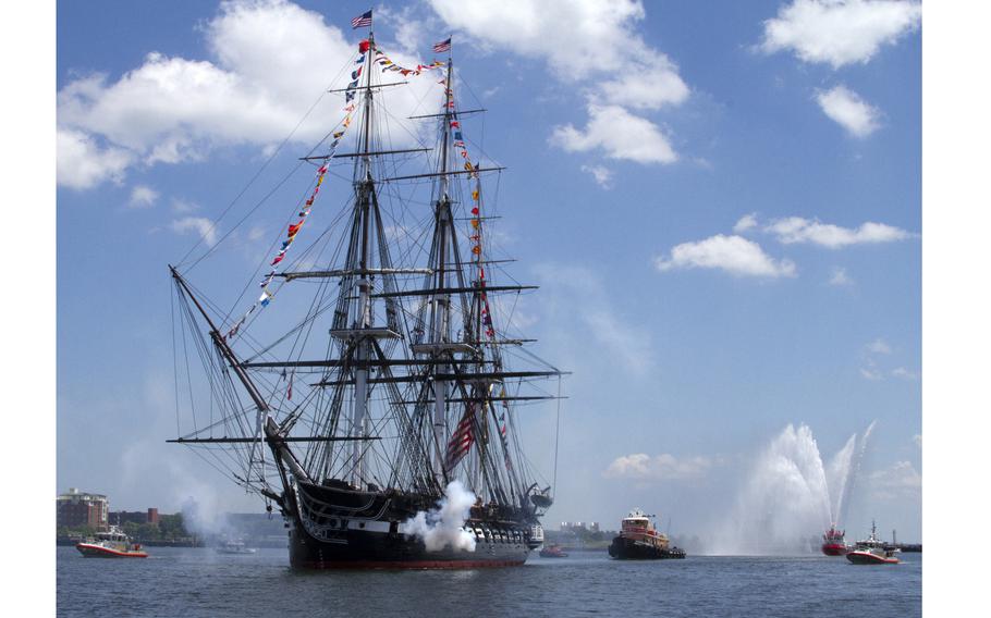 USS Constitution fires a 21-gun salute in honor of America’s birthday during the ship’s annual Fourth of July turnaround cruise, July 4, 2013. “Old Ironsides” will sail through Boston Harbor to celebrate Independence Day on July 4, 2024. 