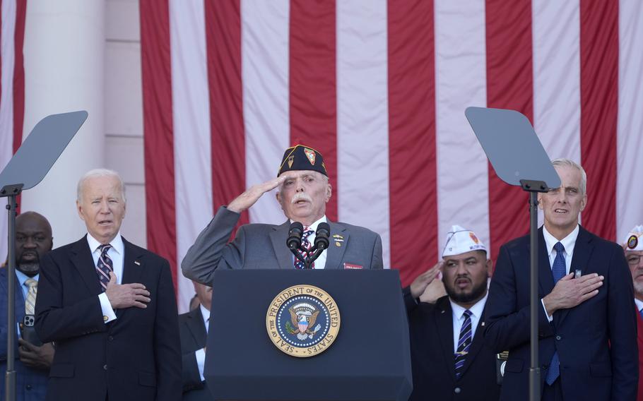 John S. Handzuk, President of the Fleet Reserve Association, speaks