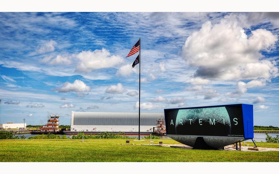 Tugboats bring in the Pegasus, which is carrying the Core Stage for NASA’s Space Launch System rocket, at the Kennedy Space Center Turn Basin on July 23, 2024. The Core Stage is for the Artemis II launch scheduled for next year. 