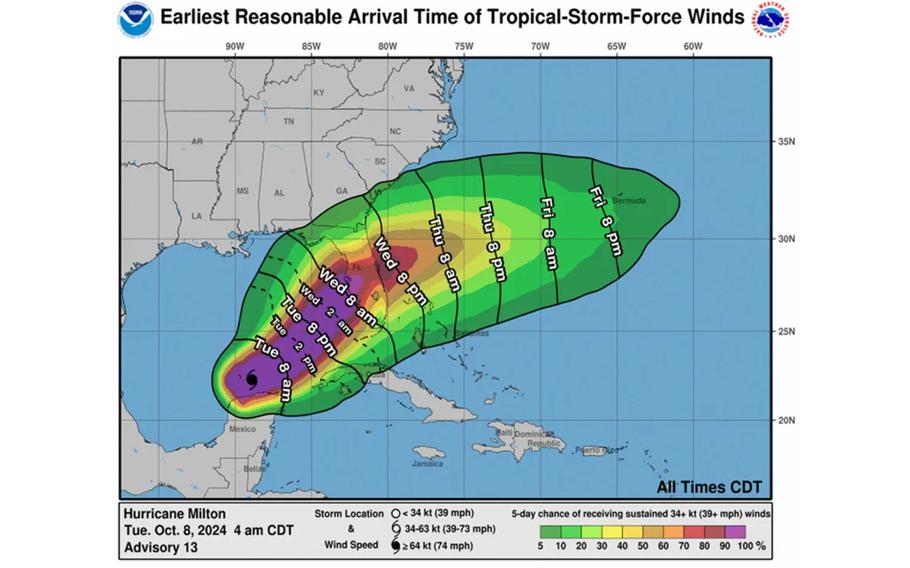 As of 5 a.m. Tuesday, Oct. 8, 2024, Hurricane Milton was about 560 miles southwest of Tampa turning northeast in the Gulf of Mexico and targeting Florida.