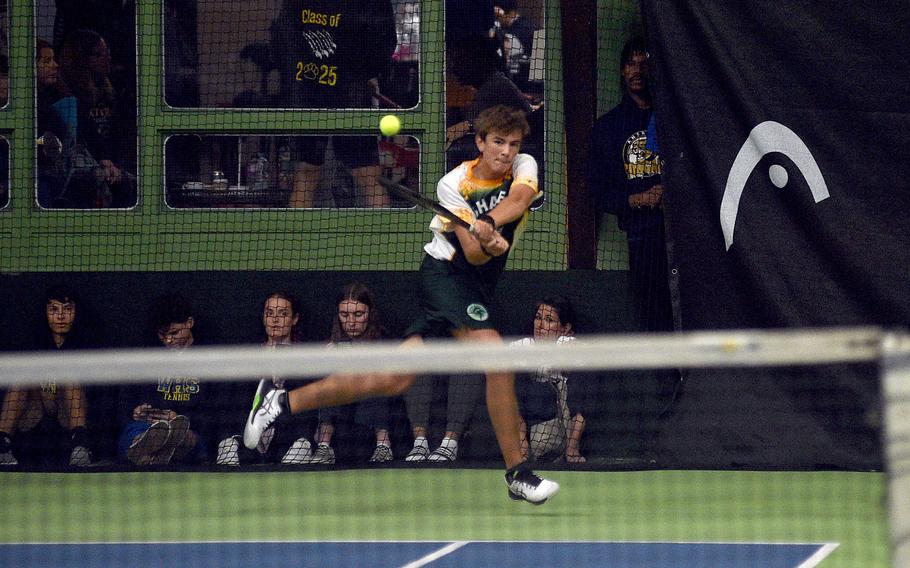 SHAPE's Alejandro Cuesta hits the the ball back to Ramstein's Tristan Chandler in a boys singles semifinal match during the DODEA European tennis championships on Oct. 20, 2023, at T2 Sports Health Club in Wiesbaden, Germany.