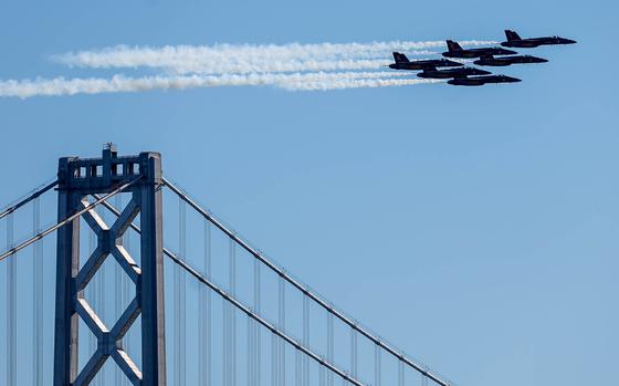 The U.S. Navy Blue Angels fly over the San Francisco-Oakland Bay Bridge as part of the annual Fleet Week, as seen from Treasure Island in San Francisco, Calif., on Friday, Oct. 11, 2024. The air show and other attractions continue on Oct. 12 and 13. (Ray Chavez/Bay Area News Group)