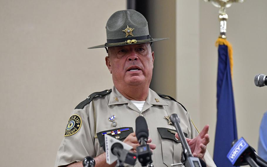 Laurel County sheriff John Root gives an update at the London Community Center in London, Ky., Sunday, Sept. 8, 2024, on the efforts to find the suspect in the Saturday shooting at Interstate 75 near Livingston, Ky.