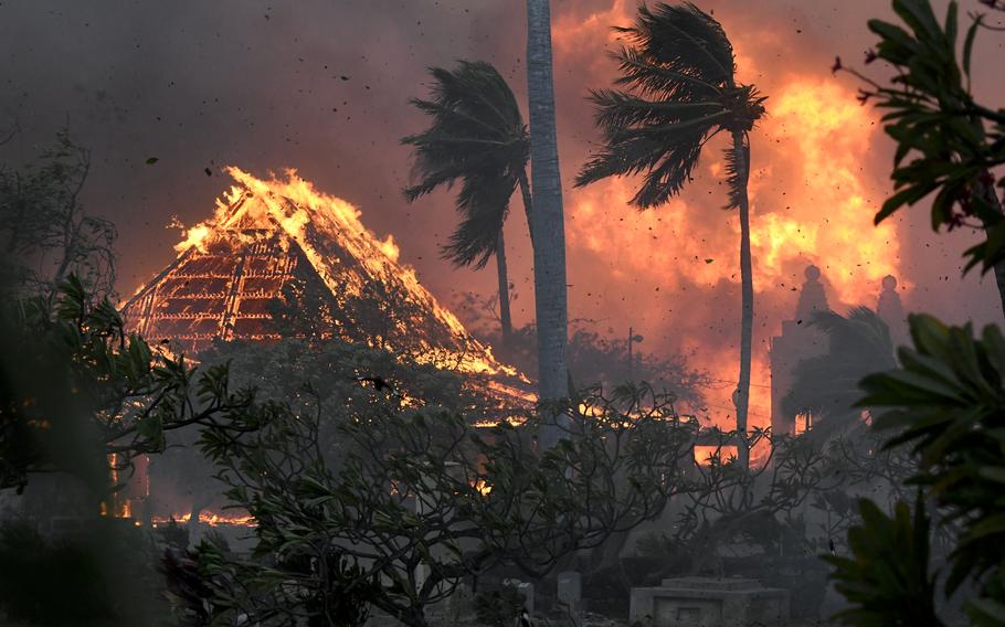 Waiola Church and nearby Lahaina Hongwanji Mission are engulfed in flames