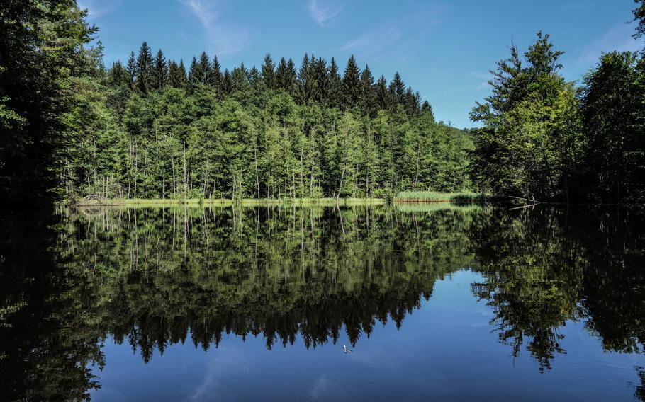 The Wasgau Lake Tour trail near Fischbach-bei-Dahn, Germany, has stops at assorted ponds and lakes, such as this one as seen on Aug. 11, 2024.