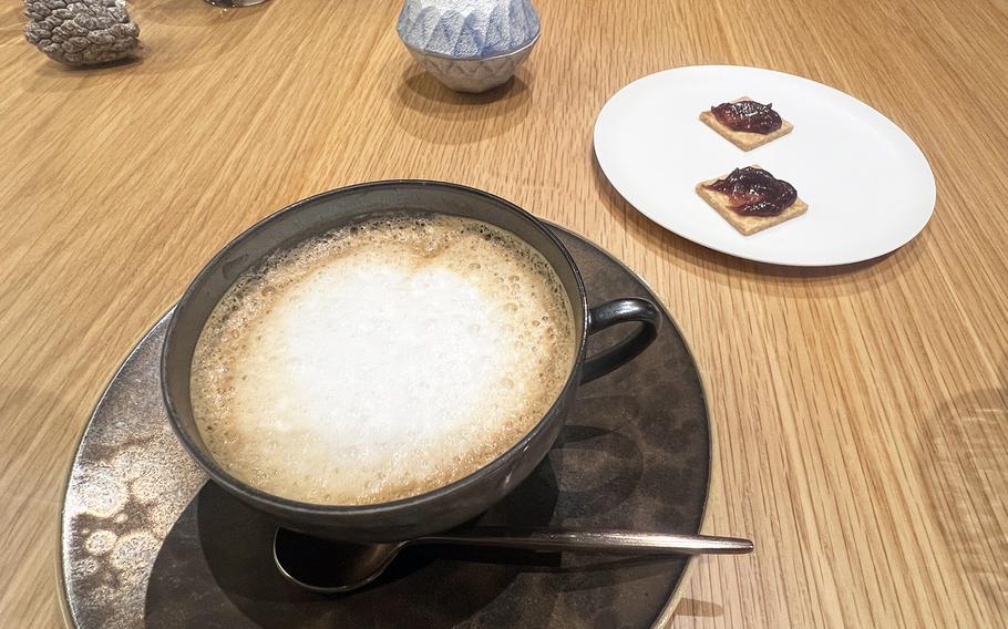 Dinner at Maison Kei concludes with coffee, either espresso or a latte, with crackers served with beni hoppe strawberry jelly on top. 