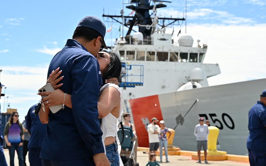 Crew members from the U.S. Coast Guard Cutter Waesche reunite with family and friends after returning to their Base Alameda, Calif., on Sunday, Aug. 11, 2024, following a 120-day Indo-Pacific patrol. 