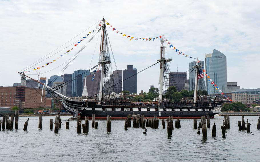 The USS Constitution sets sail in Boston Harbor on Thursday, July 4, 2024.